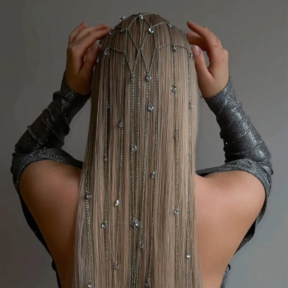 Bijou de Tête Long à Cristaux et Glands – Chaîne Élégante Bohème pour Mariage, Fête et Cadeau Femme