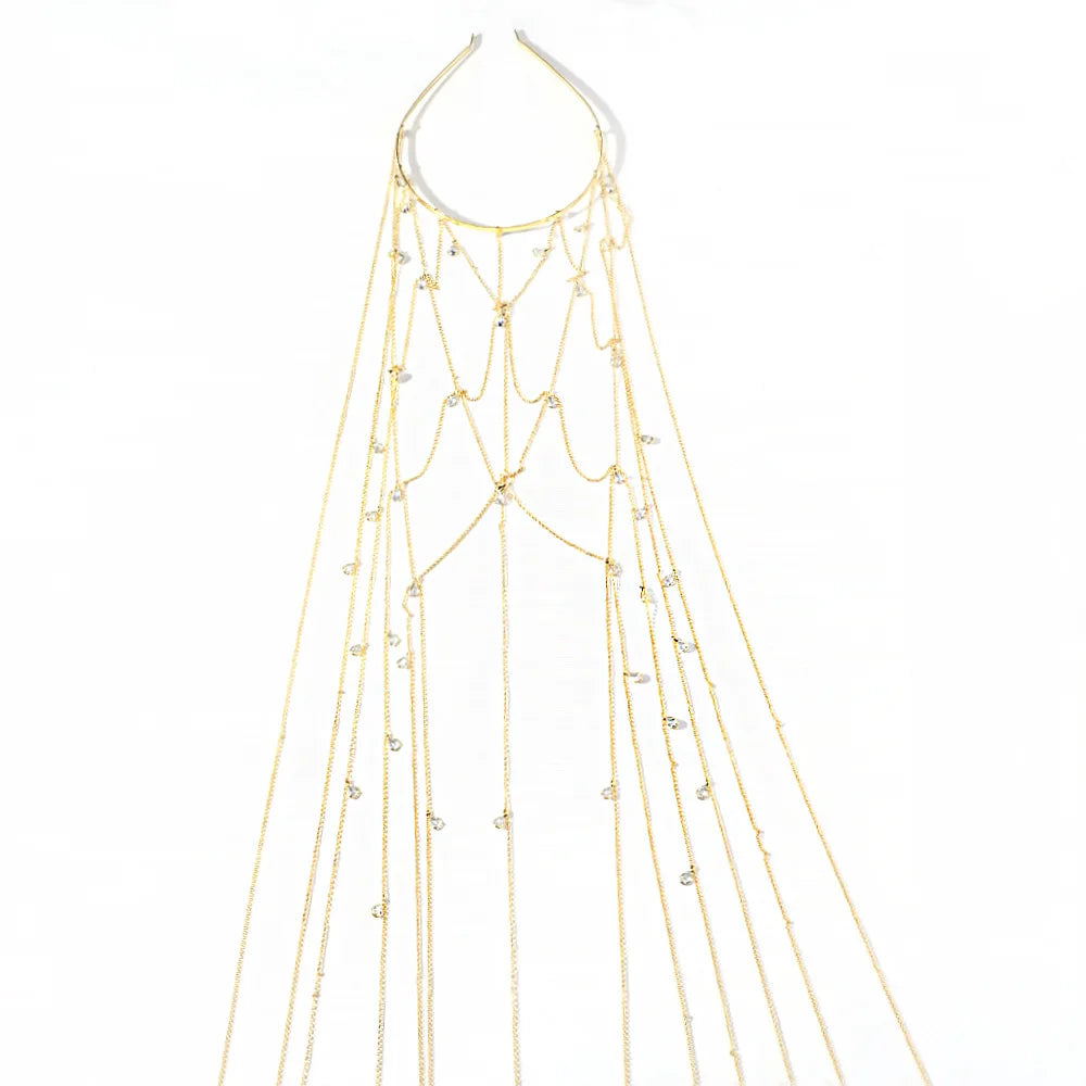 Bijou de Tête Long à Cristaux et Glands – Chaîne Élégante Bohème pour Mariage, Fête et Cadeau Femme