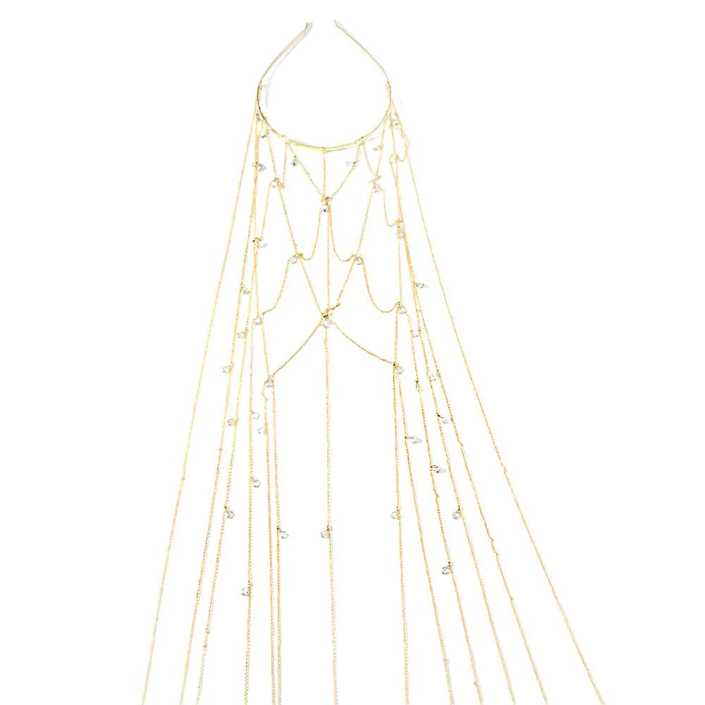 Bijou de Tête Long à Cristaux et Glands – Chaîne Élégante Bohème pour Mariage, Fête et Cadeau Femme