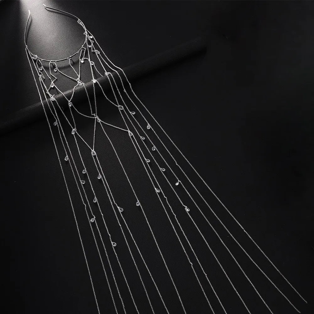 Bijou de Tête Long à Cristaux et Glands – Chaîne Élégante Bohème pour Mariage, Fête et Cadeau Femme